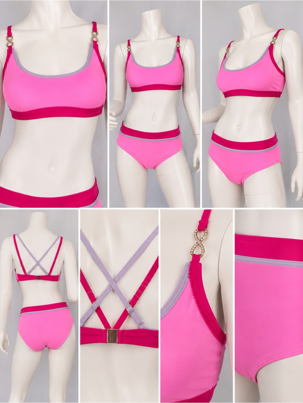 Bright Pink Strappy Bikini Set with Magenta Trim